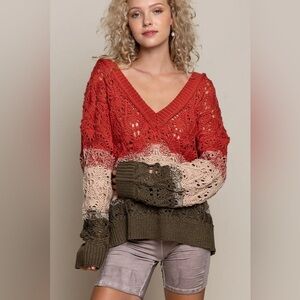 Anthropologie POL Loose Knit Color Block Crochet V-Neck Sweater, Slouchy Medium